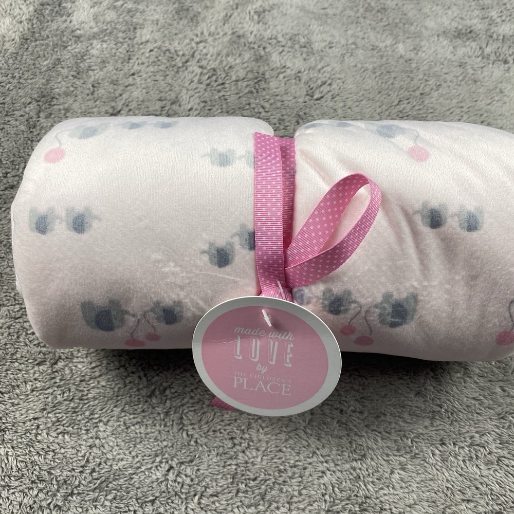 The Childrens Place‎ Baby Blanket Gray Pink Elephants Balloons Sherpa